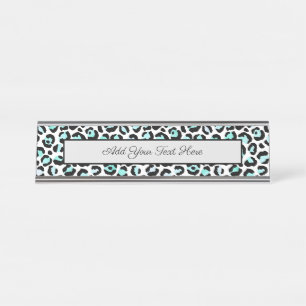 Animal Print Blue Spots Turquoise Pink Faux Black Desk Name Plate