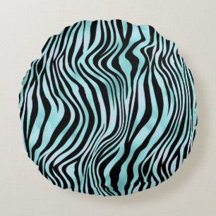 Animal Print Bright Blue Zebra Skin Turquoise Round Cushion