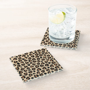 Animal Print, Brown Leopard, Cheetah Spots, Hearts Glass Coaster
