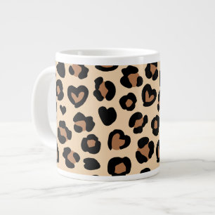 Animal Print, Brown Leopard, Cheetah Spots, Hearts Large Coffee Mug