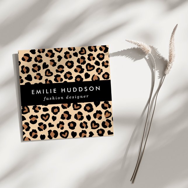 Animal Print, Brown Leopard, Cheetah Spots, Hearts Square Business Card (Creator Uploaded)
