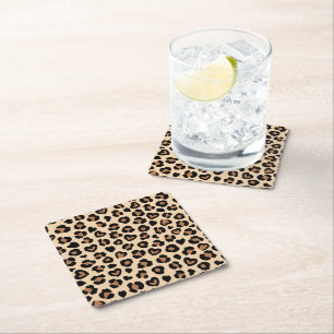 Animal Print, Brown Leopard, Cheetah Spots, Hearts Square Paper Coaster
