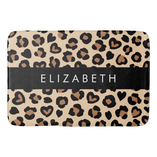 Animal Print, Brown Leopard, Hearts, Your Name Bath Mat (Front)
