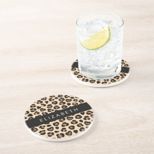 Animal Print, Brown Leopard, Hearts, Your Name Coaster