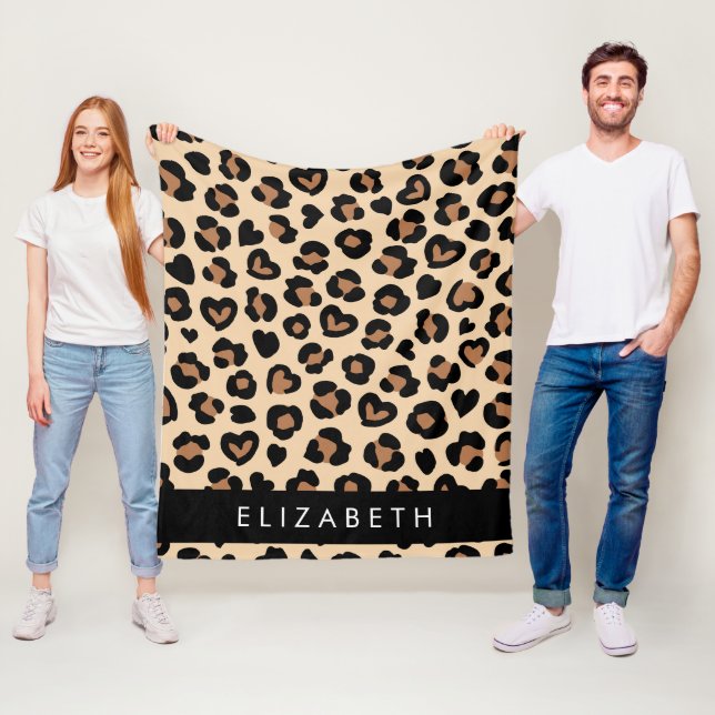 Animal Print, Brown Leopard, Hearts, Your Name Fleece Blanket (In Situ)