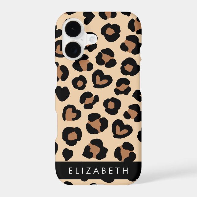 Animal Print, Brown Leopard, Hearts, Your Name iPhone Case (Back)