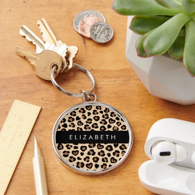 Animal Print, Brown Leopard, Hearts, Your Name Key Ring (Desk)