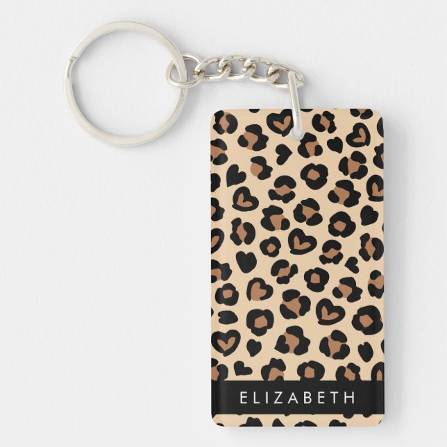 Animal Print, Brown Leopard, Hearts, Your Name Key Ring (Front)