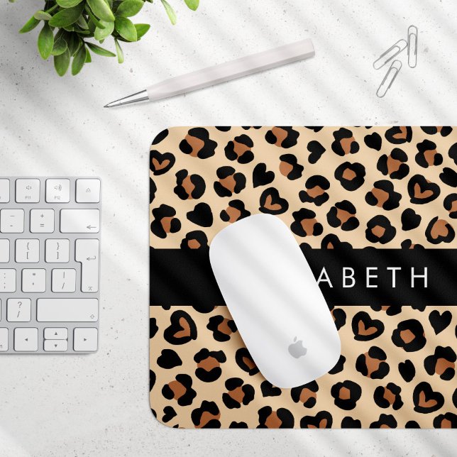Animal Print, Brown Leopard, Hearts, Your Name Mouse Pad (Creator Uploaded)