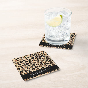 Animal Print, Brown Leopard, Hearts, Your Name Square Paper Coaster