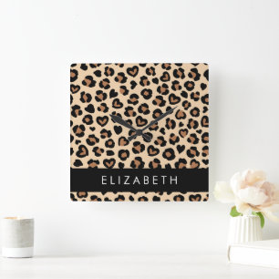 Animal Print, Brown Leopard, Hearts, Your Name Square Wall Clock