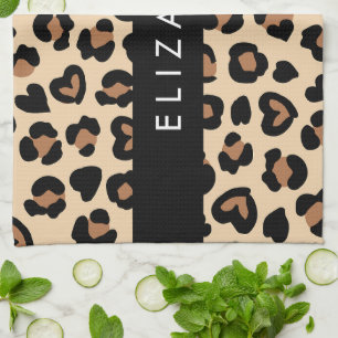 Animal Print, Brown Leopard, Hearts, Your Name Tea Towel