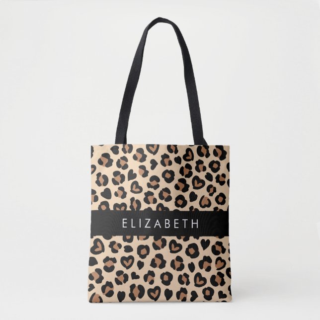 Animal Print, Brown Leopard, Hearts, Your Name Tote Bag (Front)