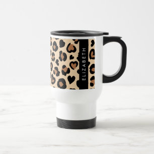 Animal Print, Brown Leopard, Hearts, Your Name Travel Mug