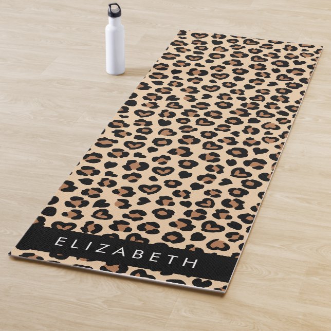 Animal Print, Brown Leopard, Hearts, Your Name Yoga Mat (In Situ)
