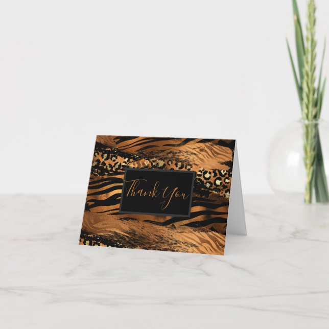 Animal Print Copper Black Script Thank You Card (Front)