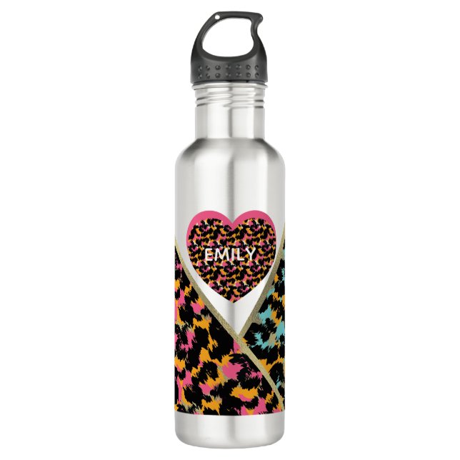 Animal Print Faux Foil Monogrammed Pink Name  710 Ml Water Bottle (Front)