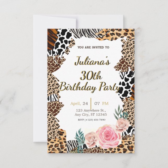 Animal print floral birthday invitation (Front)