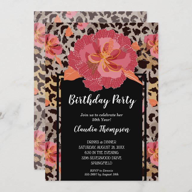 Animal Print Floral Birthday Party Invitations (Front/Back)
