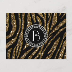 Animal Print Glitter Zebra Pattern and Monogram Postcard