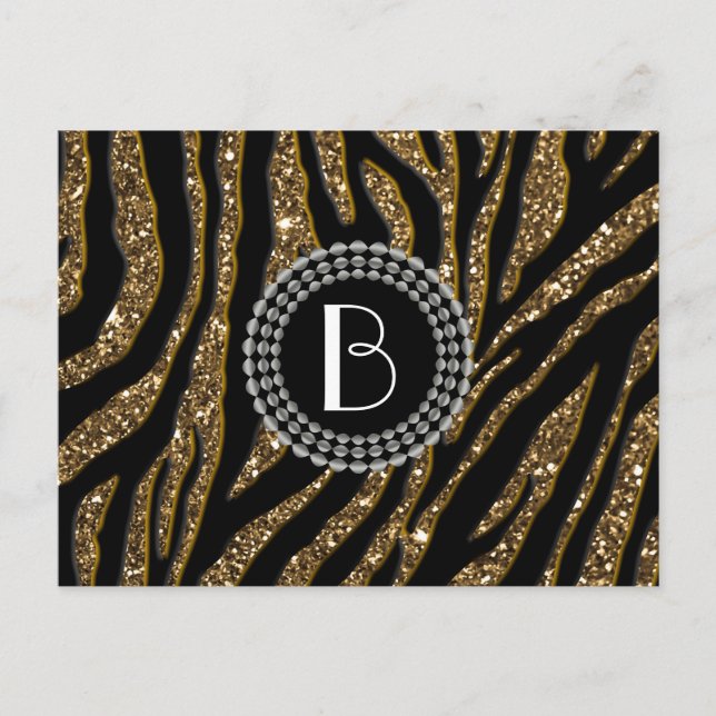 Animal Print Glitter Zebra Pattern and Monogram Postcard (Front)