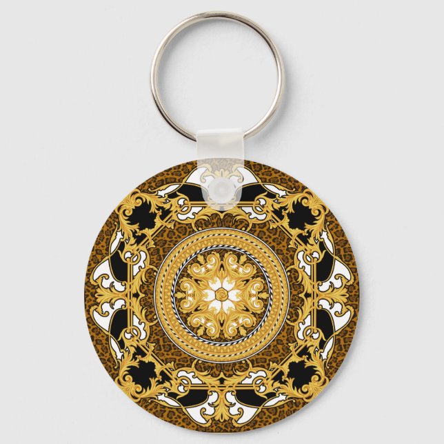 Animal Print Golden Scrolls Silk Key Ring (Front)