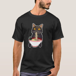 Animal Print Japanese Funny Black Cat Eating Ramen T-Shirt