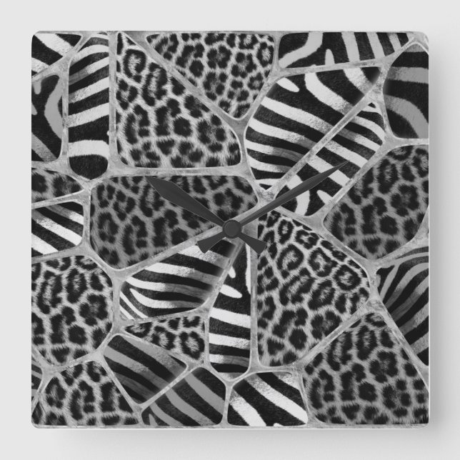 Animal Print - Leopard and Zebra - silver Square Wall Clock (Front)