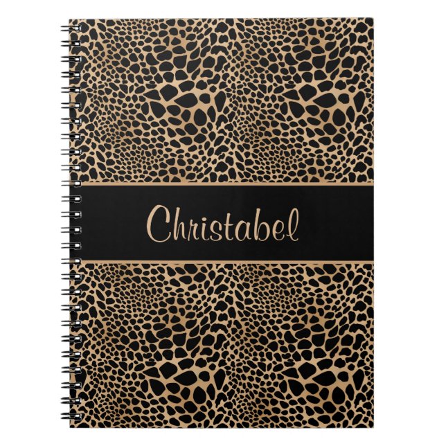 Animal Print Leopard Spots Black & Tan Custom Name Notebook (Front)