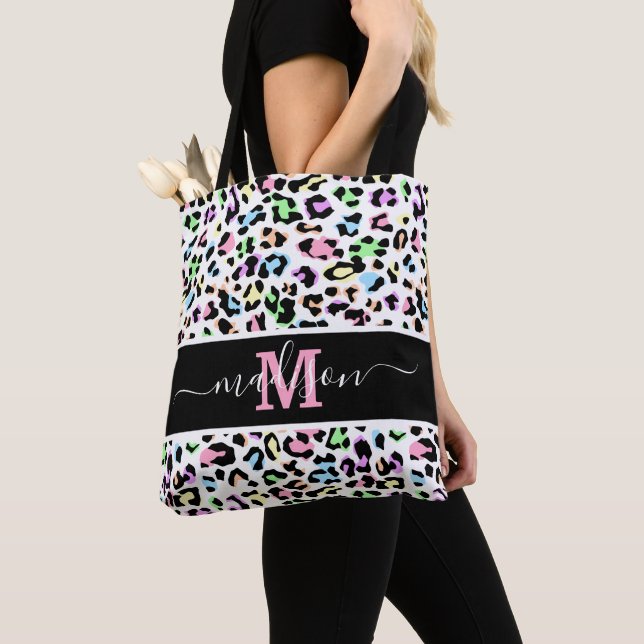 Animal Print Leopard Trendy Monogram Tote Bag (Close Up)