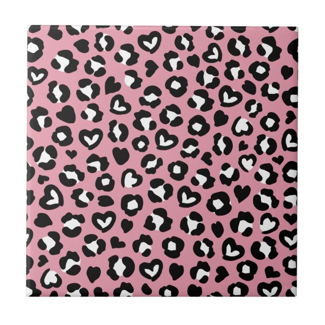 Animal Print, Pink Leopard, Cheetah Spots, Hearts Ceramic Tile (Front)