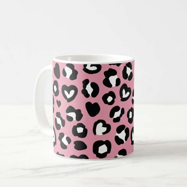 Animal Print, Pink Leopard, Cheetah Spots, Hearts Coffee Mug (Front Left)