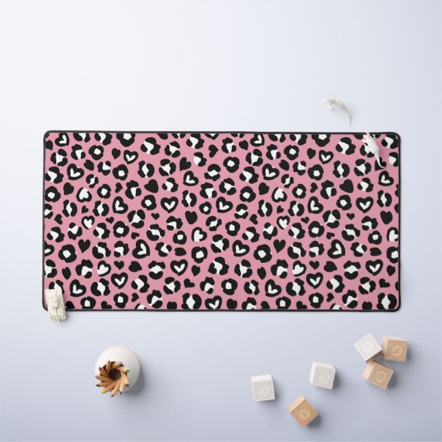 Animal Print, Pink Leopard, Cheetah Spots, Hearts Desk Mat (Kids Table)