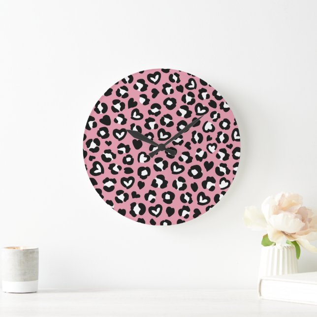 Animal Print, Pink Leopard, Cheetah Spots, Hearts Large Clock (Home)
