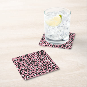 Animal Print, Pink Leopard, Cheetah Spots, Hearts Square Paper Coaster