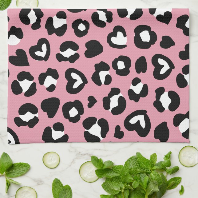 Animal Print, Pink Leopard, Cheetah Spots, Hearts Tea Towel (Folded)