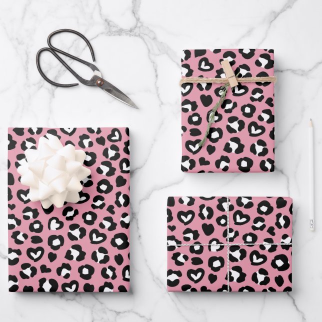 Animal Print, Pink Leopard, Cheetah Spots, Hearts Wrapping Paper Sheet (Front)