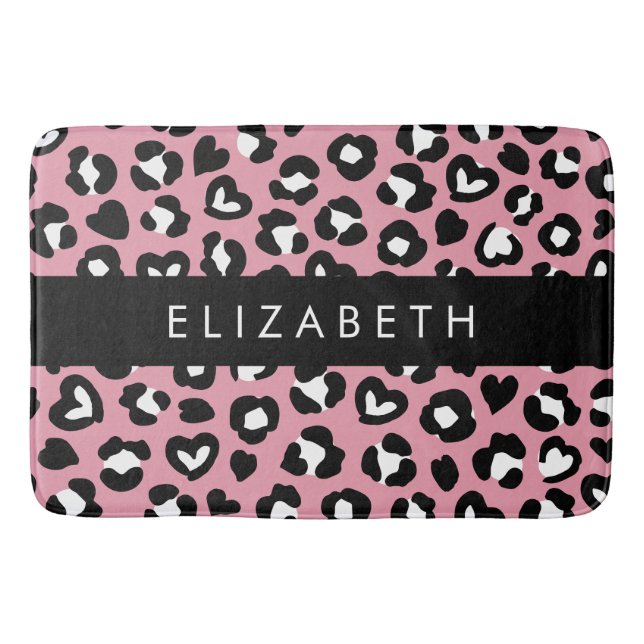 Animal Print, Pink Leopard, Hearts, Your Name Bath Mat (Front)