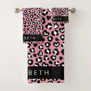 Animal Print, Pink Leopard, Hearts, Your Name Bath Towel Set