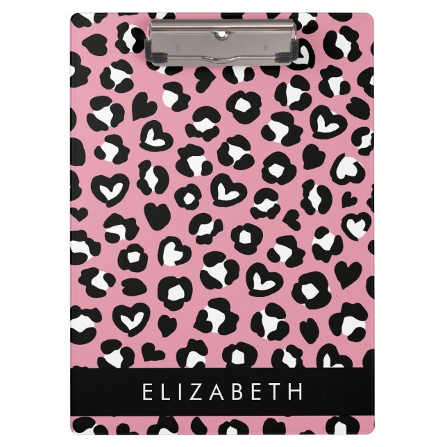 Animal Print, Pink Leopard, Hearts, Your Name Clipboard (Front)