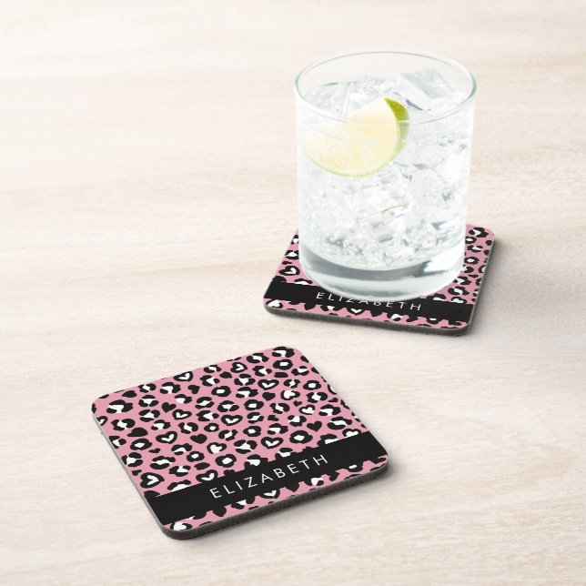 Animal Print, Pink Leopard, Hearts, Your Name Coaster (Right Side)
