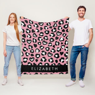 Animal Print, Pink Leopard, Hearts, Your Name Fleece Blanket