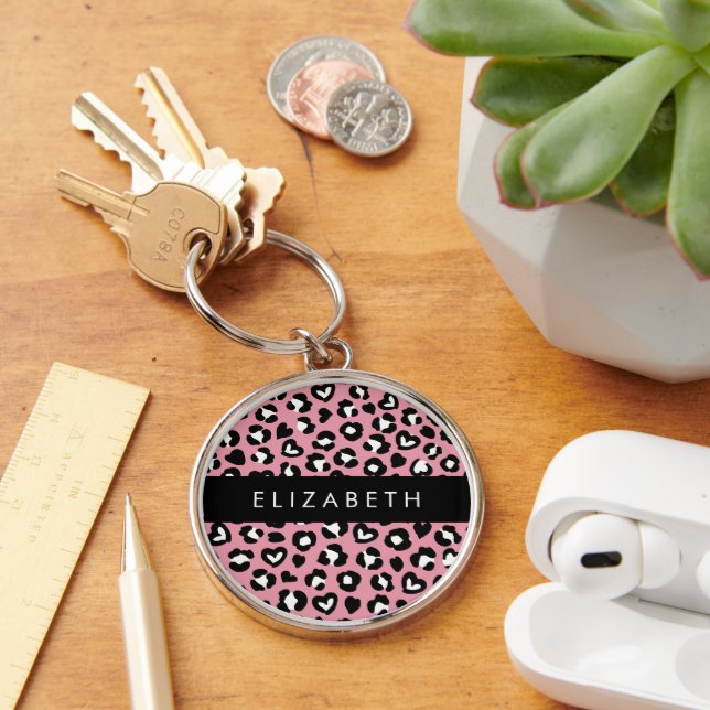 Animal Print, Pink Leopard, Hearts, Your Name Key Ring (Desk)