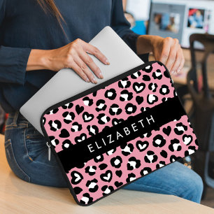 Animal Print, Pink Leopard, Hearts, Your Name Laptop Sleeve