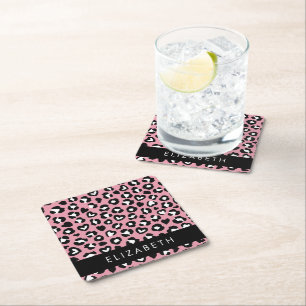 Animal Print, Pink Leopard, Hearts, Your Name Square Paper Coaster
