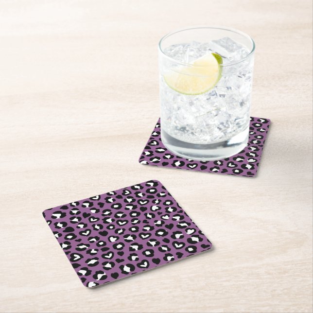 Animal Print, Purple Leopard, Cheetah Spots, Heart Square Paper Coaster (Insitu)