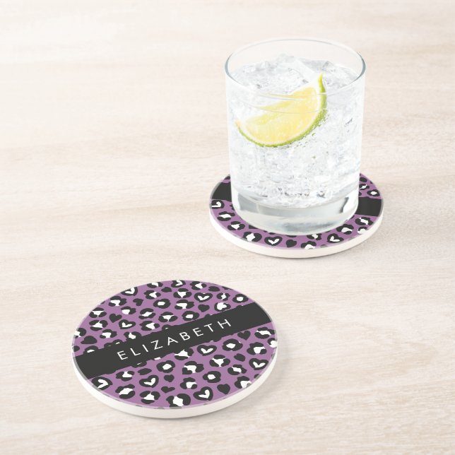 Animal Print, Purple Leopard, Hearts, Your Name Coaster (Side)