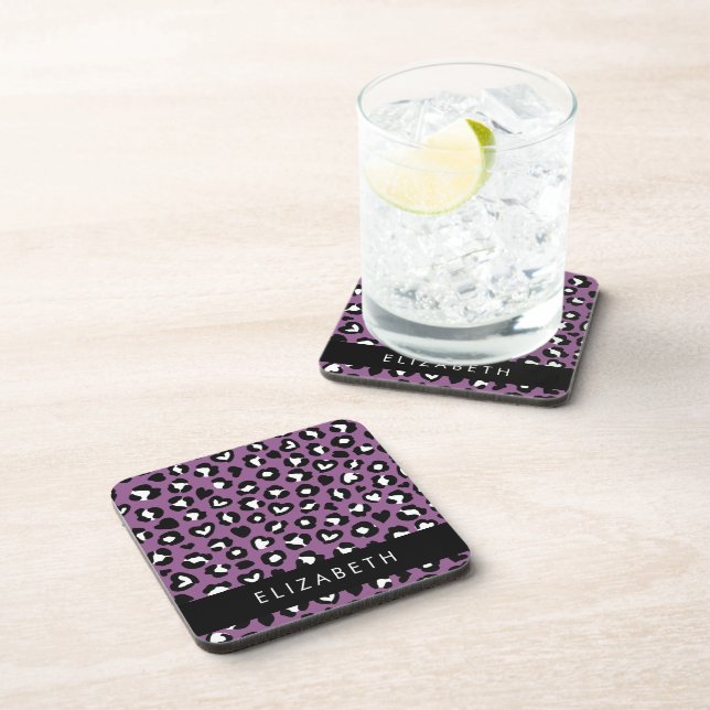 Animal Print, Purple Leopard, Hearts, Your Name Coaster (Right Side)