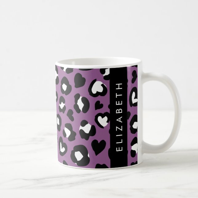 Animal Print, Purple Leopard, Hearts, Your Name Coffee Mug (Right)