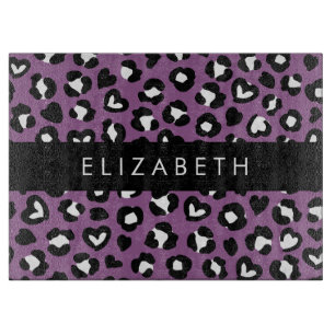 Animal Print, Purple Leopard, Hearts, Your Name Cutting Board